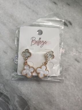Gold & White Clover Drop Earrings